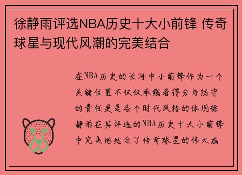 徐静雨评选NBA历史十大小前锋 传奇球星与现代风潮的完美结合